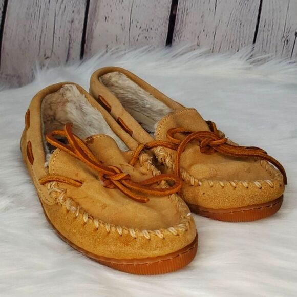 Minnetonka Leather Pile Lined Hard Moccasin Slipper Leather Laces Womens 5 - Picture 15 of 15